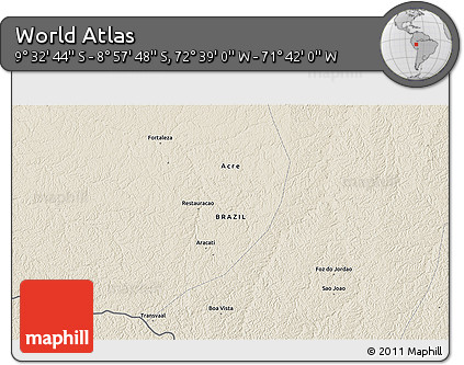 Shaded Relief 3D Map of the Area around 9° 15' 16" S, 72° 10' 30" W