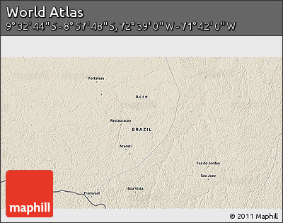 Shaded Relief 3D Map of the Area around 9° 15' 16" S, 72° 10' 30" W