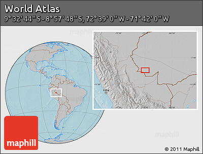 Gray Location Map of the Area around 9° 15' 16" S, 72° 10' 30" W, hill shading