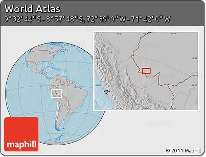 Gray Location Map of the Area around 9° 15' 16" S, 72° 10' 30" W, hill shading
