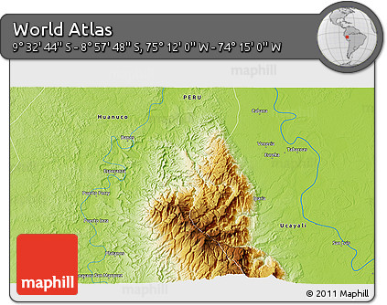 Physical 3D Map of the Area around 9° 15' 16" S, 74° 43' 29" W