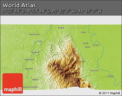 Physical 3D Map of the Area around 9° 15' 16" S, 74° 43' 29" W