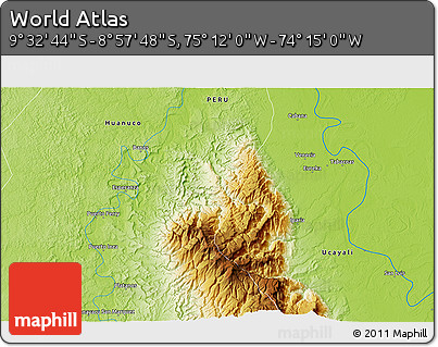 Physical 3D Map of the Area around 9° 15' 16" S, 74° 43' 29" W