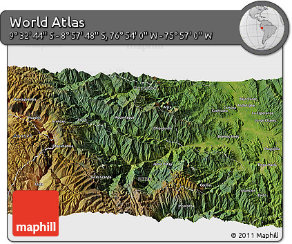 Satellite 3D Map of the Area around 9° 15' 16" S, 76° 25' 30" W