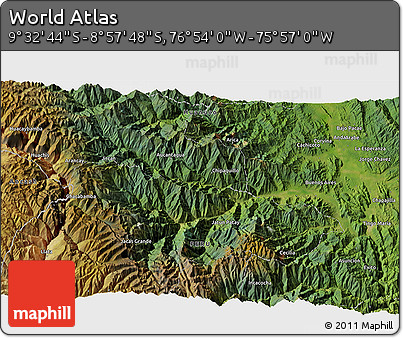 Satellite 3D Map of the Area around 9° 15' 16" S, 76° 25' 30" W