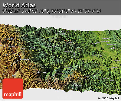 Satellite 3D Map of the Area around 9° 15' 16" S, 76° 25' 30" W