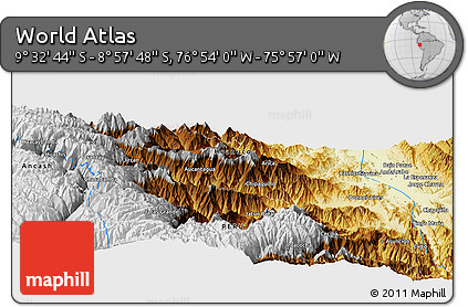 Physical Panoramic Map of the Area around 9° 15' 16" S, 76° 25' 30" W