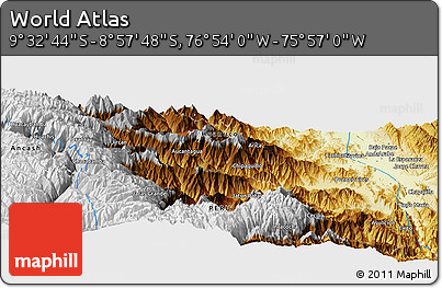 Physical Panoramic Map of the Area around 9° 15' 16" S, 76° 25' 30" W