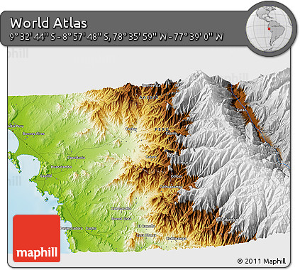 Physical 3D Map of the Area around 9° 15' 16" S, 78° 7' 30" W