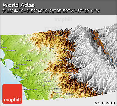 Physical 3D Map of the Area around 9° 15' 16" S, 78° 7' 30" W