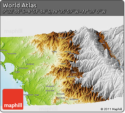 Physical 3D Map of the Area around 9° 15' 16" S, 78° 7' 30" W