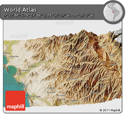 Satellite 3D Map of the Area around 9° 15' 16" S, 78° 7' 30" W