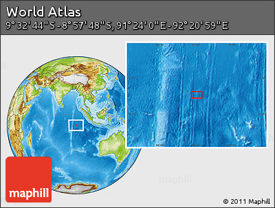 Physical Location Map of the Area around 9° 15' 16" S, 91° 52' 30" E