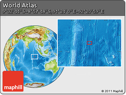 Physical Location Map of the Area around 9° 15' 16" S, 91° 52' 30" E