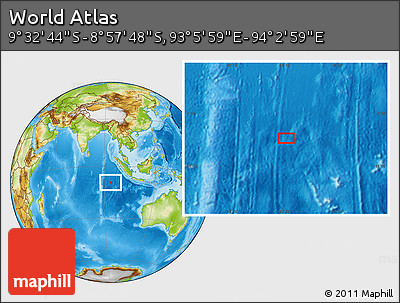 Physical Location Map of the Area around 9° 15' 16" S, 93° 34' 29" E