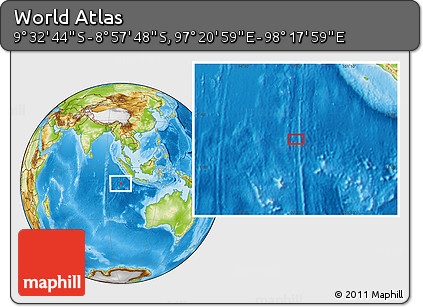 Physical Location Map of the Area around 9° 15' 16" S, 97° 49' 29" E