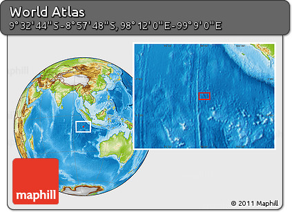 Physical Location Map of the Area around 9° 15' 16" S, 98° 40' 30" E