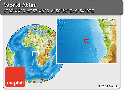 Physical Location Map of the Area around 9° 15' 16" S, 9° 25' 30" E
