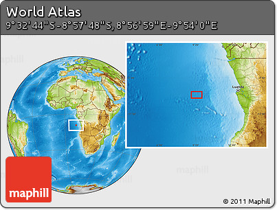 Physical Location Map of the Area around 9° 15' 16" S, 9° 25' 30" E