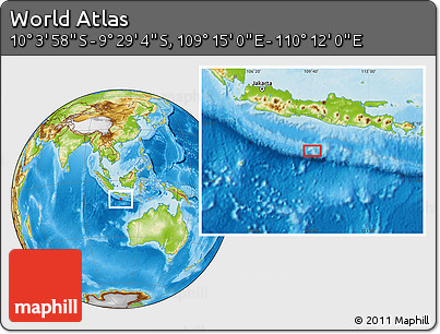 Physical Location Map of the Area around 9° 46' 31" S, 109° 43' 29" E