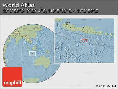 Savanna Style Location Map of the Area around 9° 46' 31" S, 110° 34' 29" E, hill shading