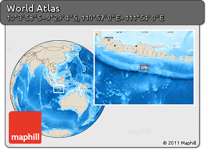 Shaded Relief Location Map of the Area around 9° 46' 31" S, 111° 25' 30" E