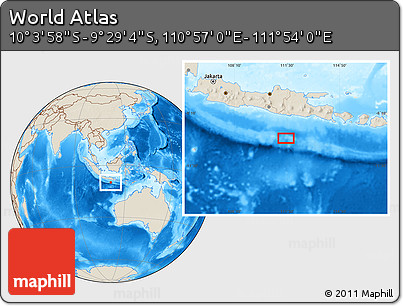 Shaded Relief Location Map of the Area around 9° 46' 31" S, 111° 25' 30" E
