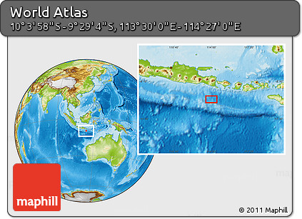 Physical Location Map of the Area around 9° 46' 31" S, 113° 58' 29" E