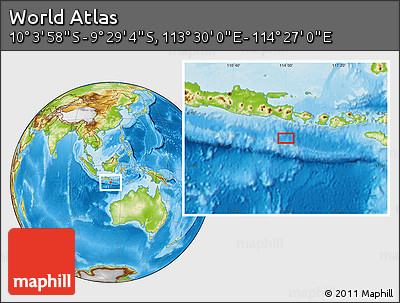Physical Location Map of the Area around 9° 46' 31" S, 113° 58' 29" E