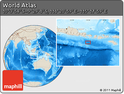 Shaded Relief Location Map of the Area around 9° 46' 31" S, 114° 49' 29" E