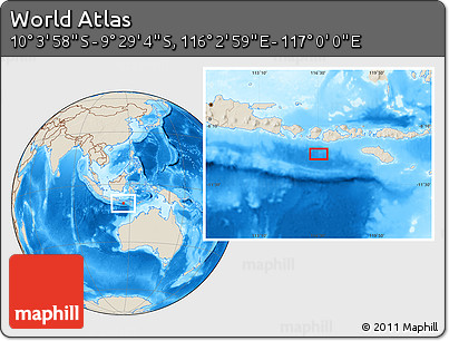 Shaded Relief Location Map of the Area around 9° 46' 31" S, 116° 31' 30" E