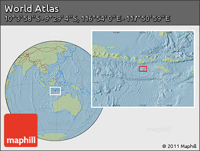 Savanna Style Location Map of the Area around 9° 46' 31" S, 117° 22' 30" E, hill shading