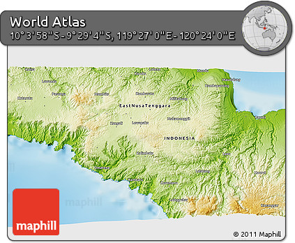 Physical 3D Map of the Area around 9° 46' 31" S, 119° 55' 30" E