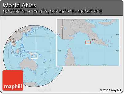 Gray Location Map of the Area around 9° 46' 31" S, 146° 16' 30" E