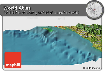 Satellite Panoramic Map of the Area around 9° 46' 31" S, 147° 7' 30" E