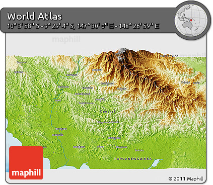 Physical 3D Map of the Area around 9° 46' 31" S, 147° 58' 29" E