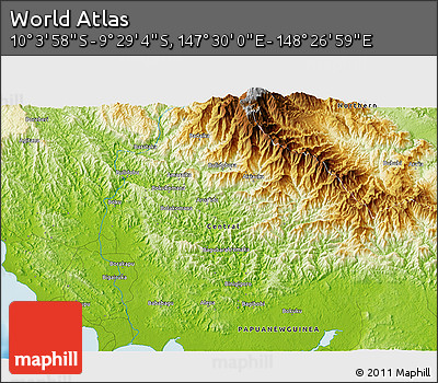 Physical 3D Map of the Area around 9° 46' 31" S, 147° 58' 29" E