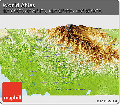 Physical 3D Map of the Area around 9° 46' 31" S, 147° 58' 29" E
