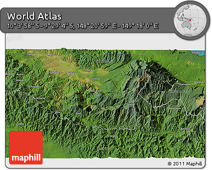 Satellite 3D Map of the Area around 9° 46' 31" S, 148° 49' 29" E