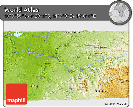 Physical 3D Map of the Area around 9° 46' 31" S, 14° 31' 30" E