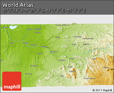 Physical 3D Map of the Area around 9° 46' 31" S, 14° 31' 30" E