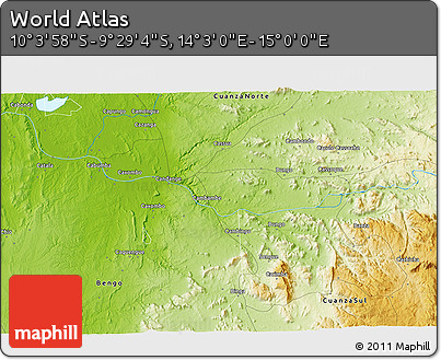 Physical 3D Map of the Area around 9° 46' 31" S, 14° 31' 30" E