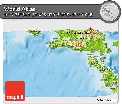 Physical 3D Map of the Area around 9° 46' 31" S, 150° 31' 30" E