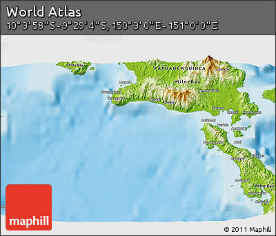 Physical 3D Map of the Area around 9° 46' 31" S, 150° 31' 30" E