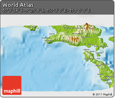 Physical 3D Map of the Area around 9° 46' 31" S, 150° 31' 30" E