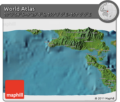 Satellite 3D Map of the Area around 9° 46' 31" S, 150° 31' 30" E