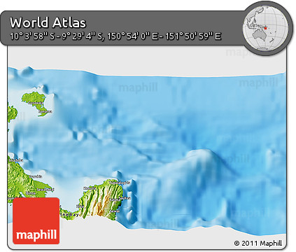 Physical 3D Map of the Area around 9° 46' 31" S, 151° 22' 30" E