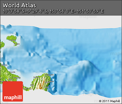 Physical 3D Map of the Area around 9° 46' 31" S, 151° 22' 30" E
