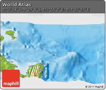 Physical 3D Map of the Area around 9° 46' 31" S, 151° 22' 30" E