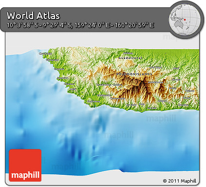 Physical 3D Map of the Area around 9° 46' 31" S, 159° 52' 30" E